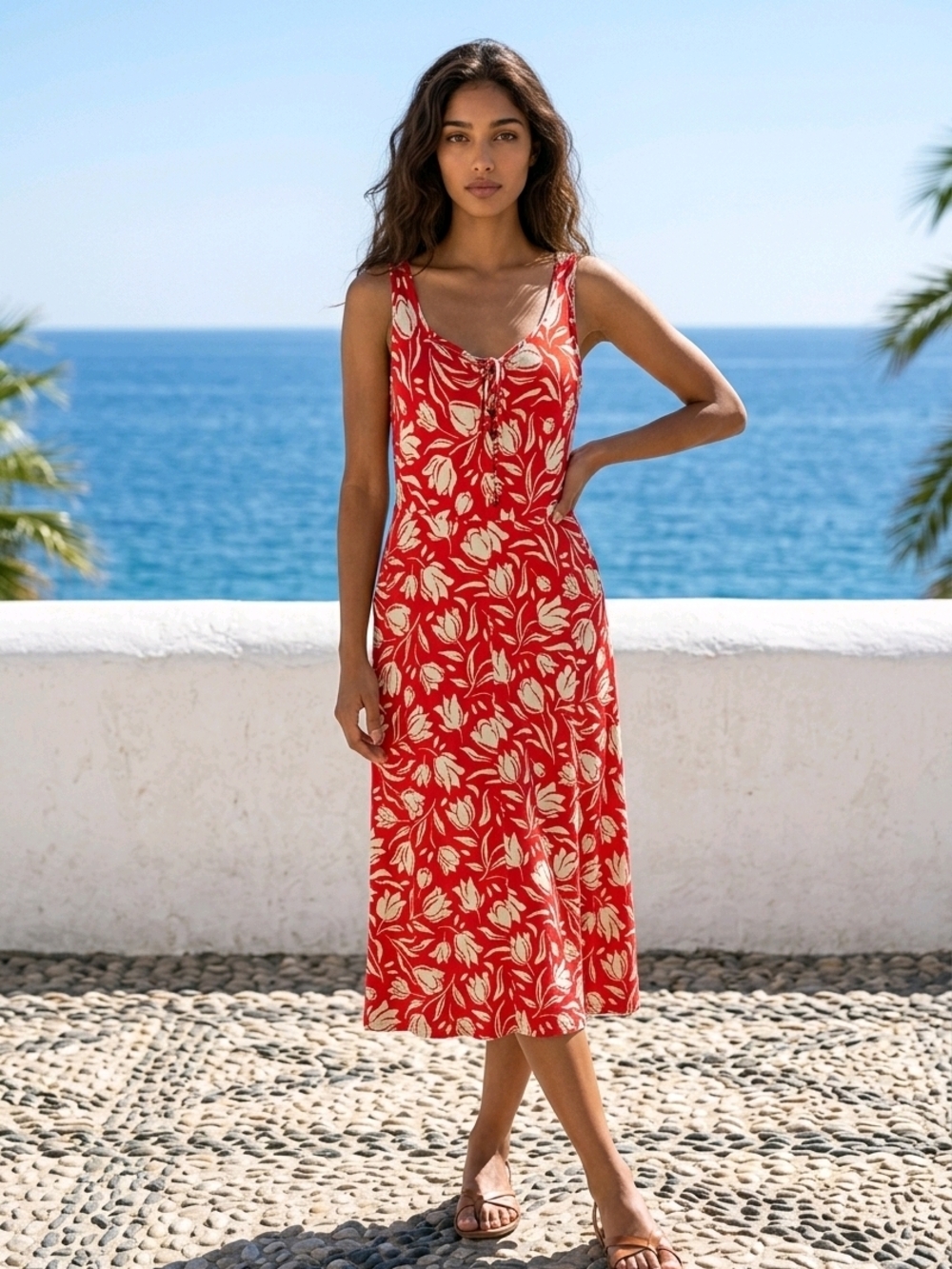 Cabi 6393 Tearoom Dress Red Tulip Print Midi A-Line Pockets S